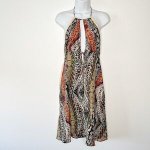 VTG LaRok Halter Printed Open Back Sexy Womens Sun Dress Silk Size Large Y2K